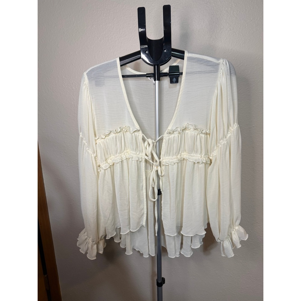 ZIGOSS Cream Tie Front Ruffle Blouse Long Sleeve Boho Babydoll Top Large